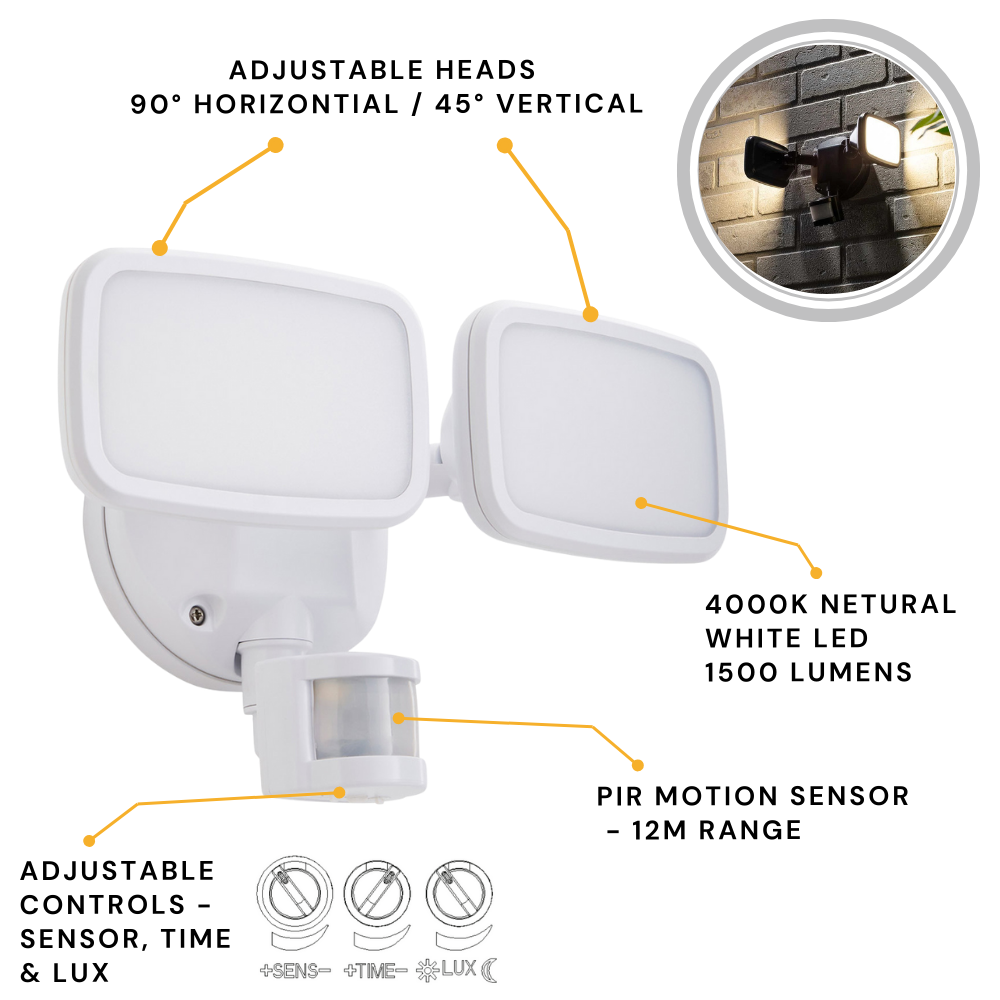 LYNN | LED Outdoor Twin Wall Spot Flood Light | 20W 1250lm | IP65 | White | PIR Motion Sensor