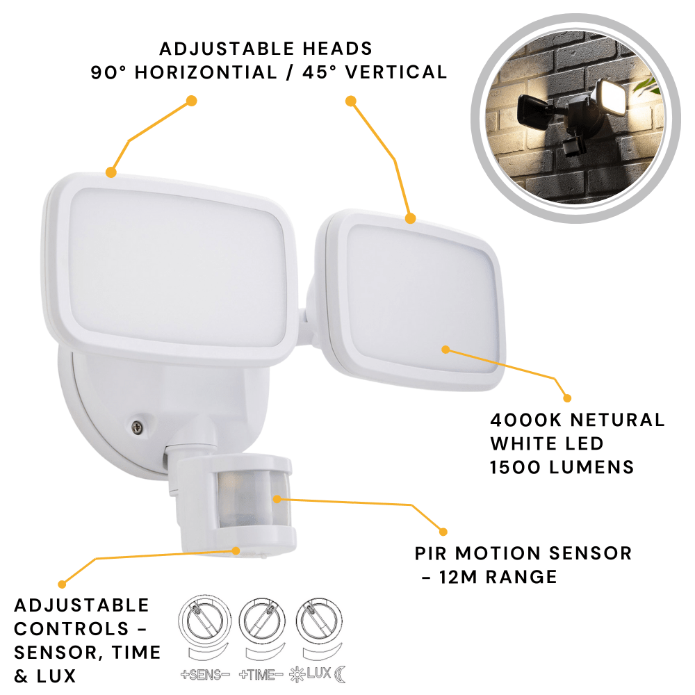 LYNN | LED Outdoor Twin Wall Spot Flood Light | 20W 1250lm | IP65 | White | PIR Motion Sensor - LightHub Direct