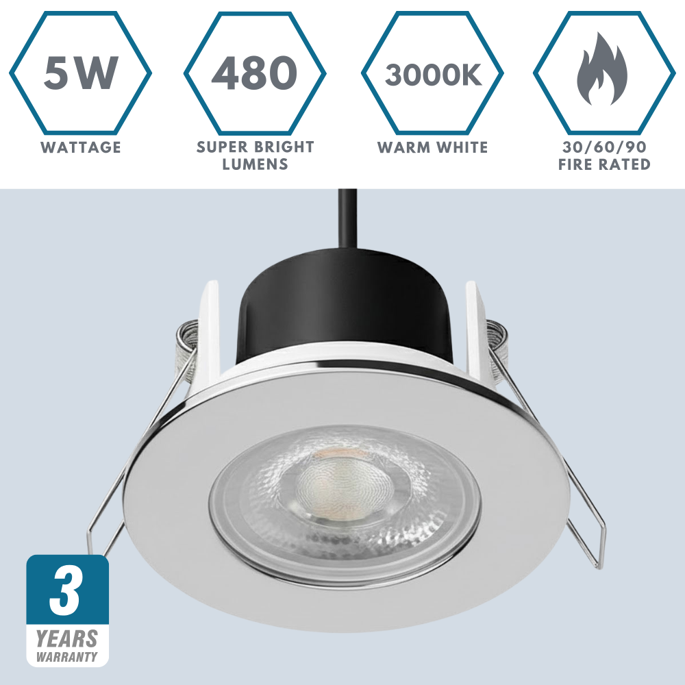 Fire Rated Dimmable Downlight Fitting | LED 5W 480lm | 3000K Warm White | IP65 | Polished Chrome