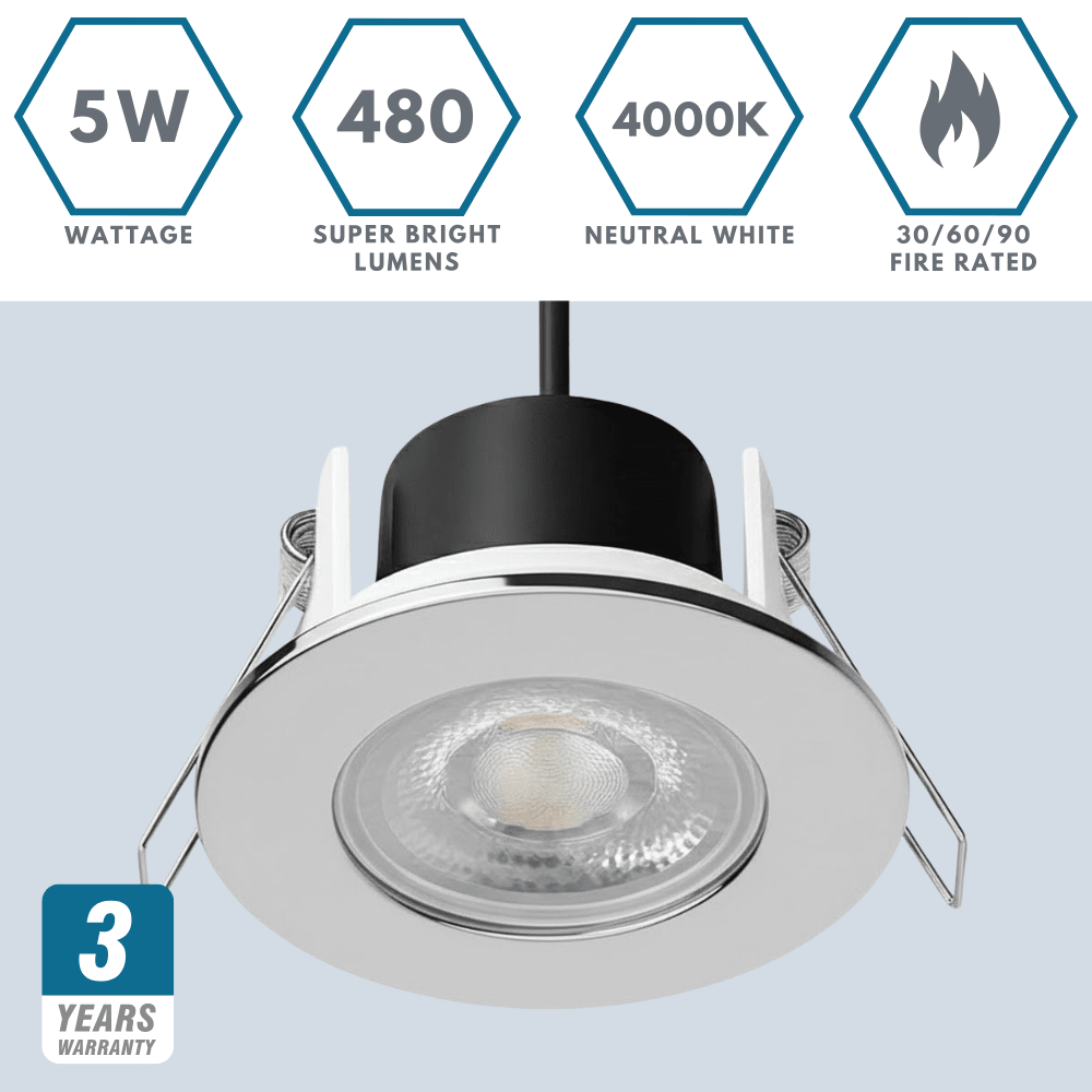 Fire Rated Dimmable Downlight Fitting | LED 5W 480lm | 4000K Neutral White | IP65 | Polished Chrome - LightHub Direct