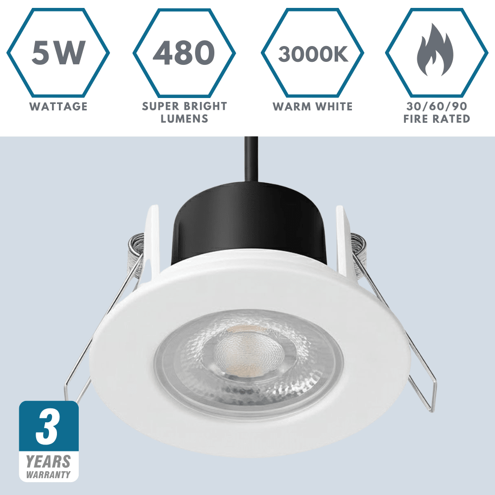 Fire Rated Dimmable Downlight Fitting | LED 5W 480lm | 4000K Neutral White | IP65 | White - LightHub Direct
