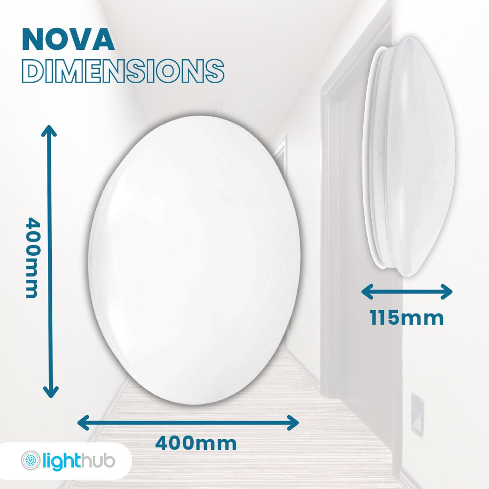 NOVA Large 400mm Commercial Bulkhead Light Fitting | LED 30W | CCT Tri - Colour | IP44 | Microwave Sensor - LightHub Direct