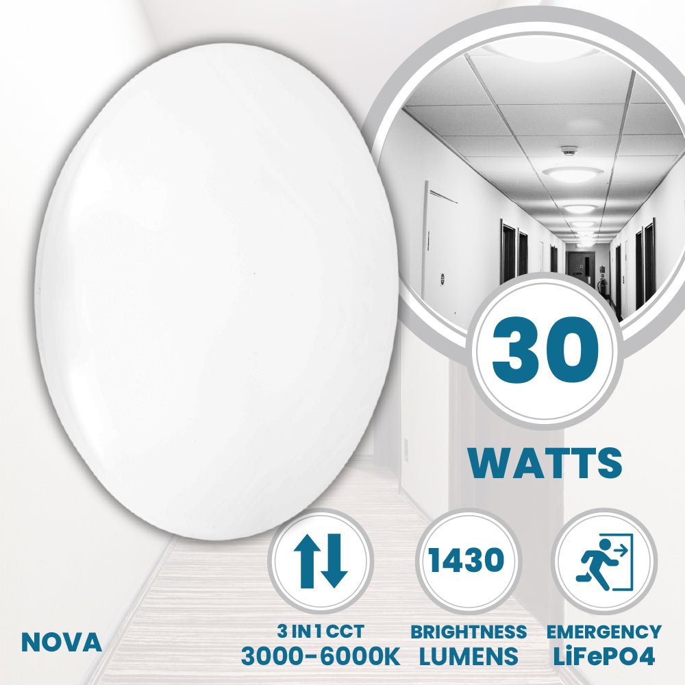 NOVA Large 400mm Commercial Bulkhead Light Fitting | LED 30W | CCT Tri - colour | IP44 | Emergency - LightHub Direct