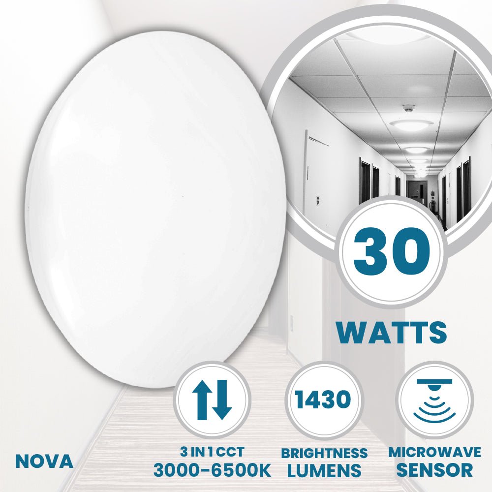 NOVA Large 400mm Commercial Bulkhead Light Fitting | LED 30W | CCT Tri - Colour | IP44 | Microwave Sensor - LightHub Direct