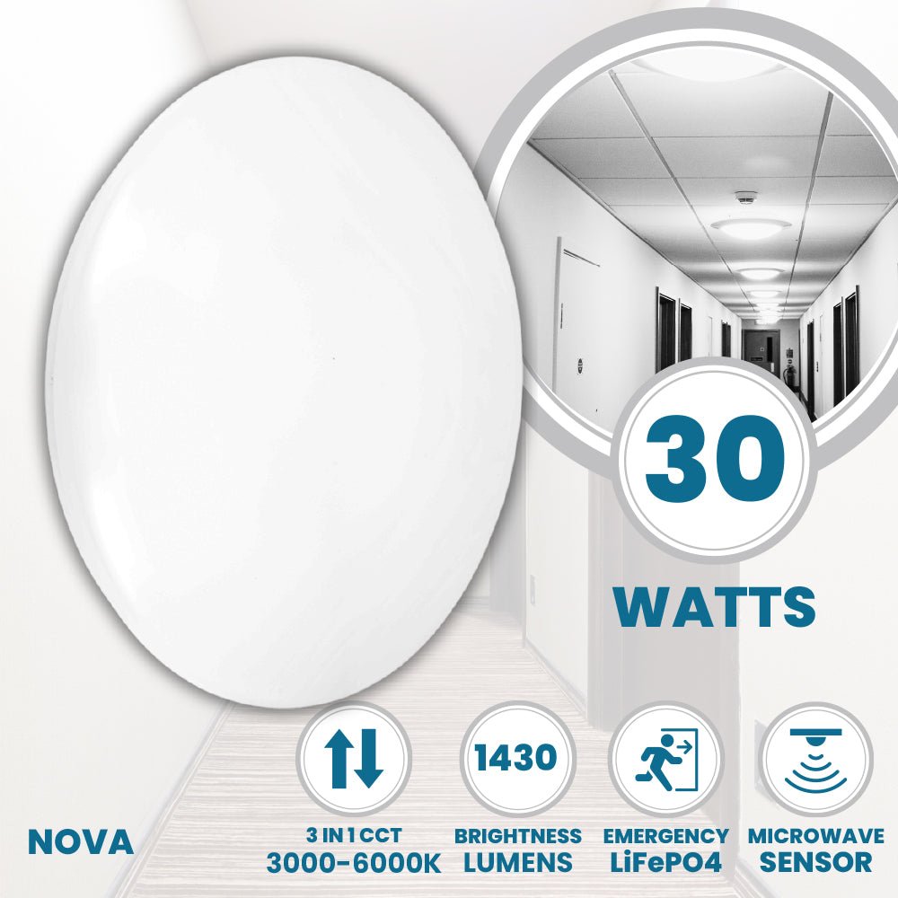 NOVA Large 400mm Commercial Bulkhead Light Fitting | LED 30W | CCT Tri - Colour | IP44 | Microwave Emergency - LightHub Direct