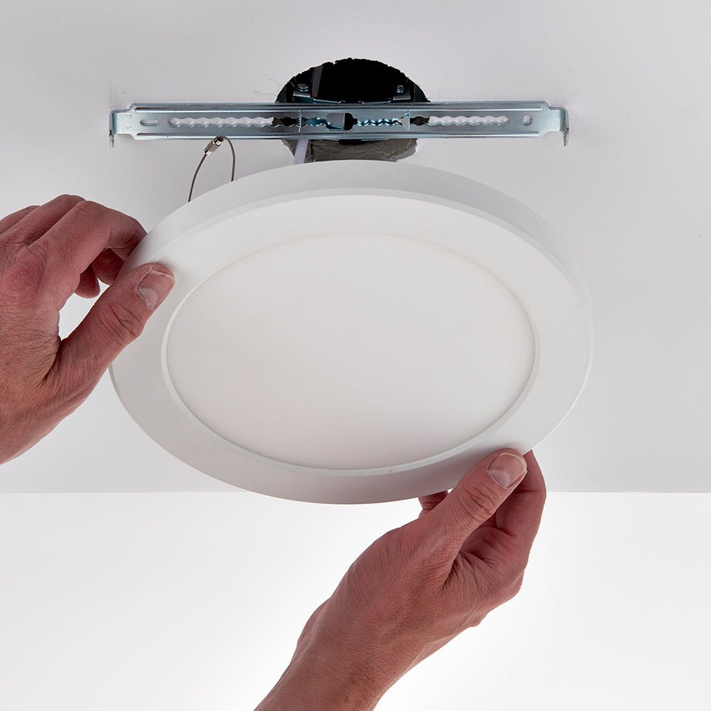 Adjustable Slim Flat Recessed / Surface Round Downlight Panel Light Fitting | LED 18W 1800lm | CCT Tri - Colour | IP44 - LightHub Direct