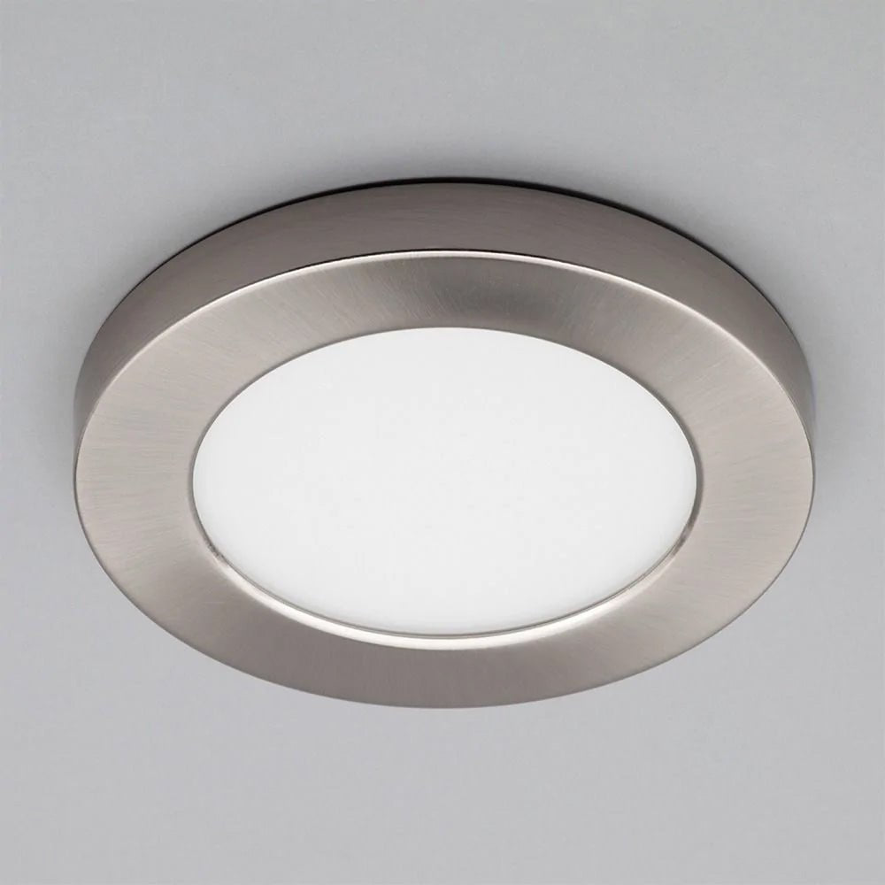 Adjustable Slim Flat Recessed / Surface Round Downlight Panel Light Fitting | LED 6W 600lm | CCT Tri - Colour | IP44 | Satin Nickel - LightHub Direct