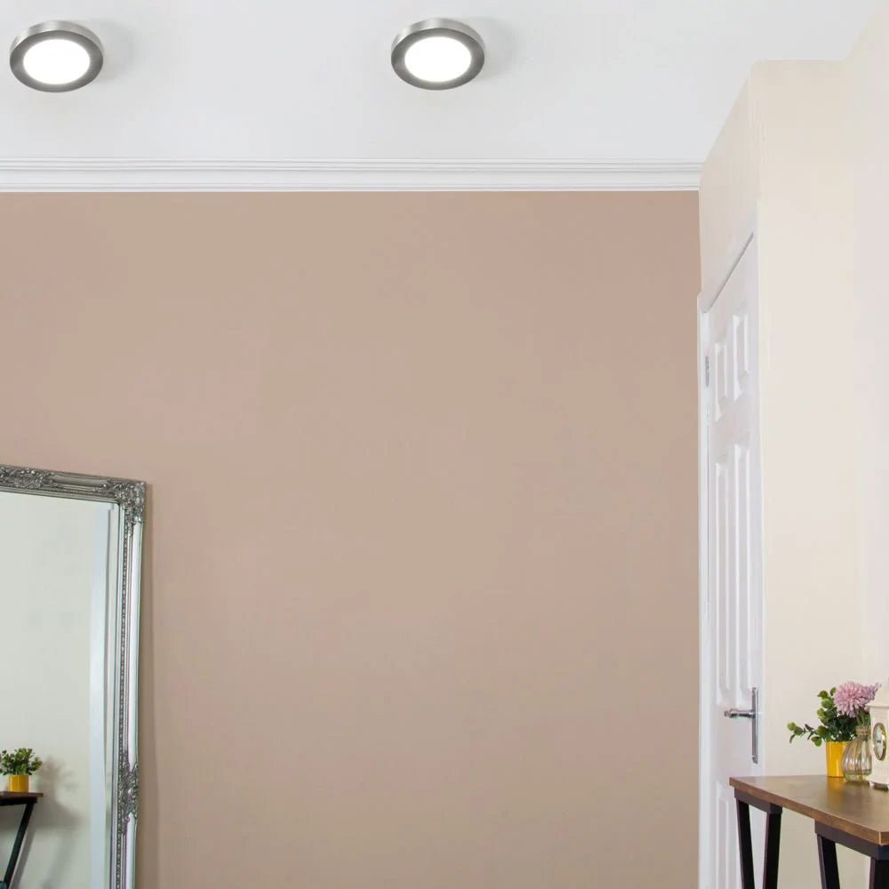 Adjustable Slim Flat Recessed / Surface Round Downlight Panel Light Fitting | LED 6W 600lm | CCT Tri - Colour | IP44 | Satin Nickel - LightHub Direct