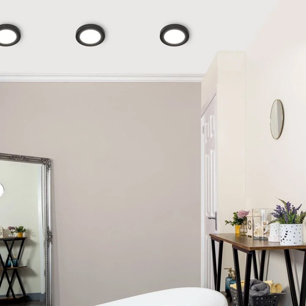 Adjustable Slim Flat Recessed / Surface Round Downlight Panel Light Fitting | LED 6W 600lm | CCT Tri - Colour | IP44 | Black - LightHub Direct