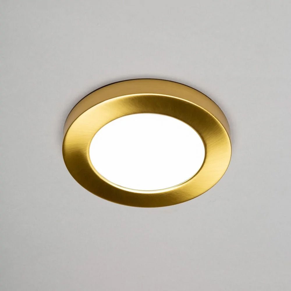 Adjustable Slim Flat Recessed / Surface Round Downlight Panel Light Fitting | LED 6W 600lm | CCT Tri - Colour | IP44 | Satin Brass - LightHub Direct