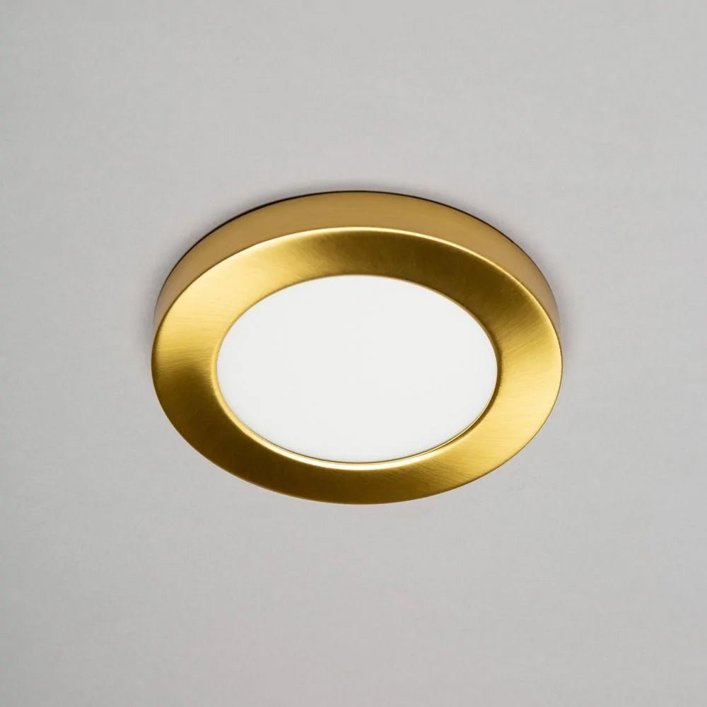 Adjustable Slim Flat Recessed / Surface Round Downlight Panel Light Fitting | LED 6W 600lm | CCT Tri - Colour | IP44 | Satin Brass - LightHub Direct