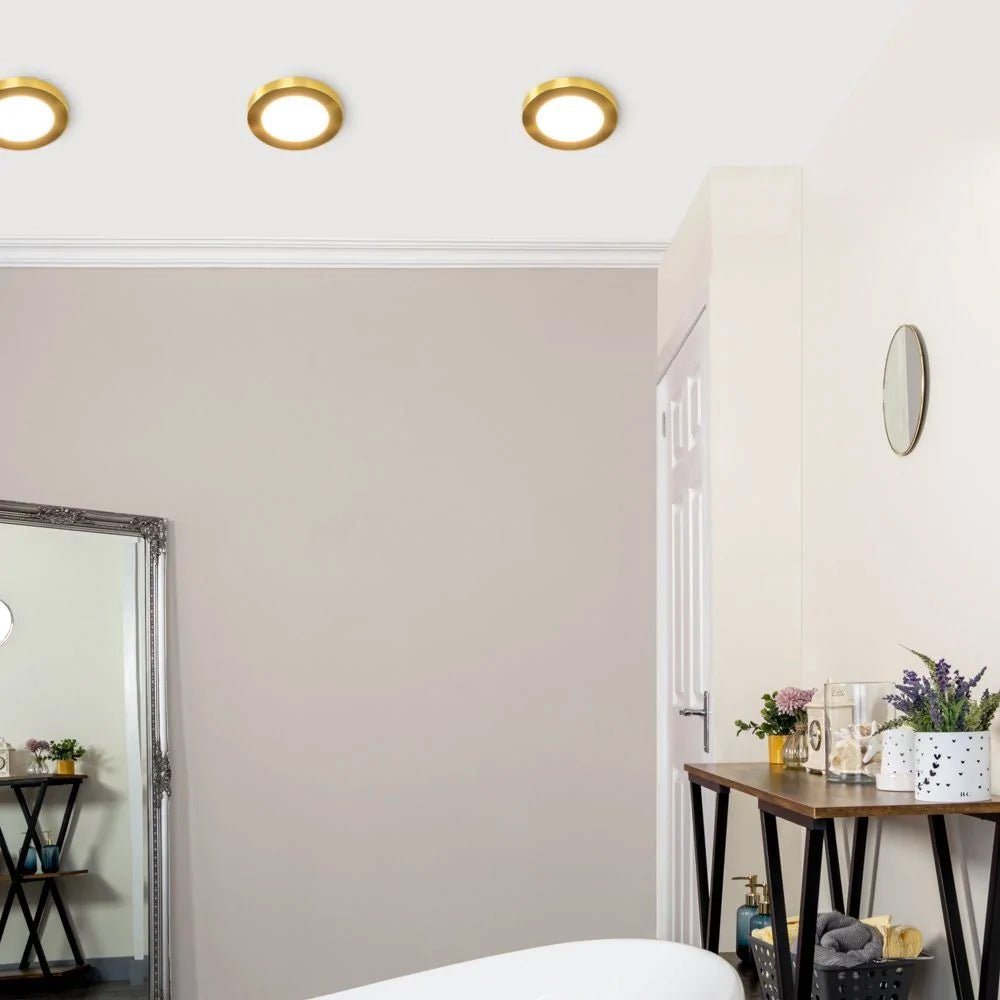 Adjustable Slim Flat Recessed / Surface Round Downlight Panel Light Fitting | LED 6W 600lm | CCT Tri - Colour | IP44 | Satin Brass - LightHub Direct
