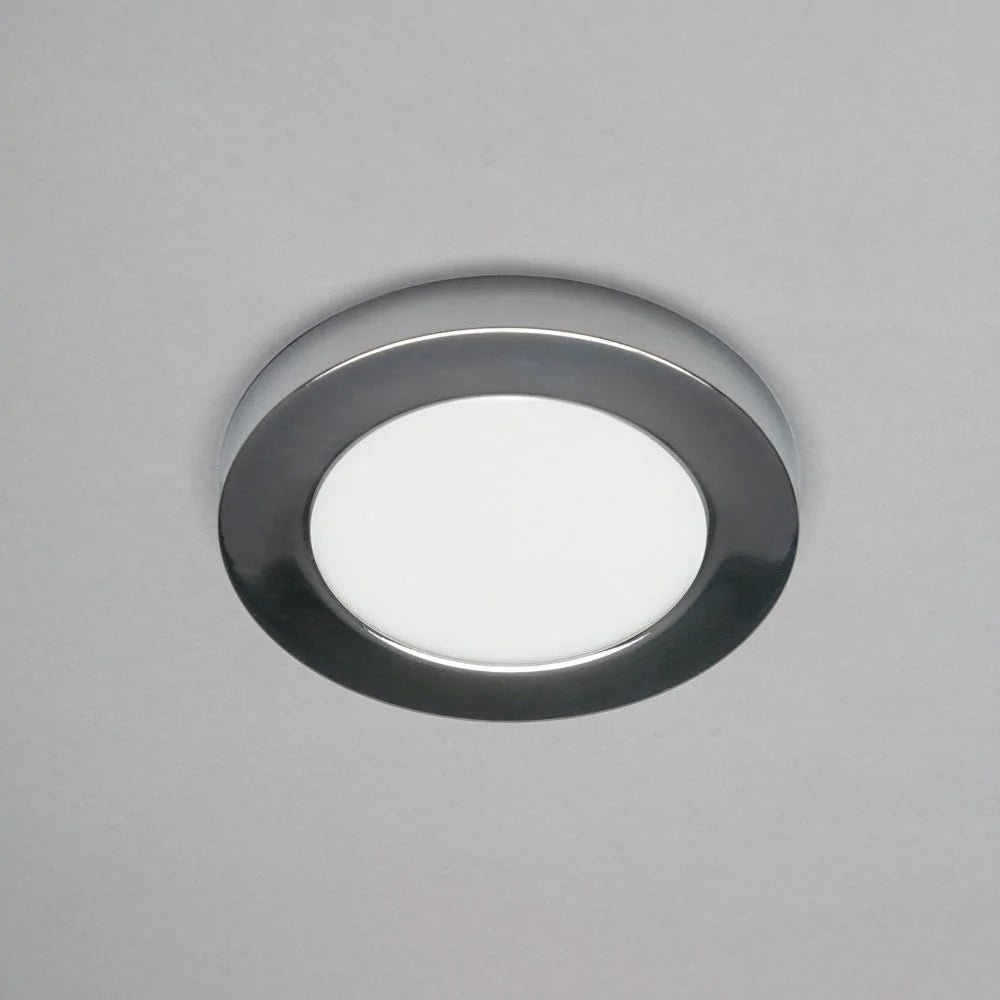 Adjustable Slim Flat Recessed / Surface Round Downlight Panel Light Fitting | LED 12W 1200lm | CCT Tri - Colour | IP44 | Chrome - LightHub Direct