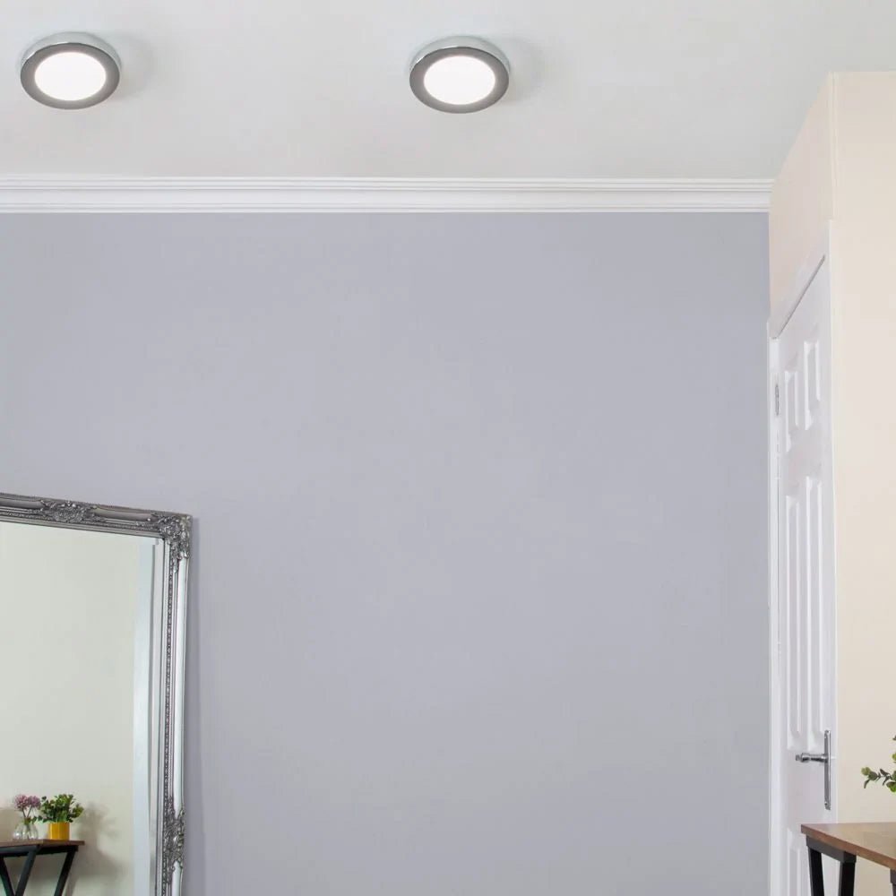 Adjustable Slim Flat Recessed / Surface Round Downlight Panel Light Fitting | LED 18W 1800lm | CCT Tri - Colour | IP44 | Chrome - LightHub Direct