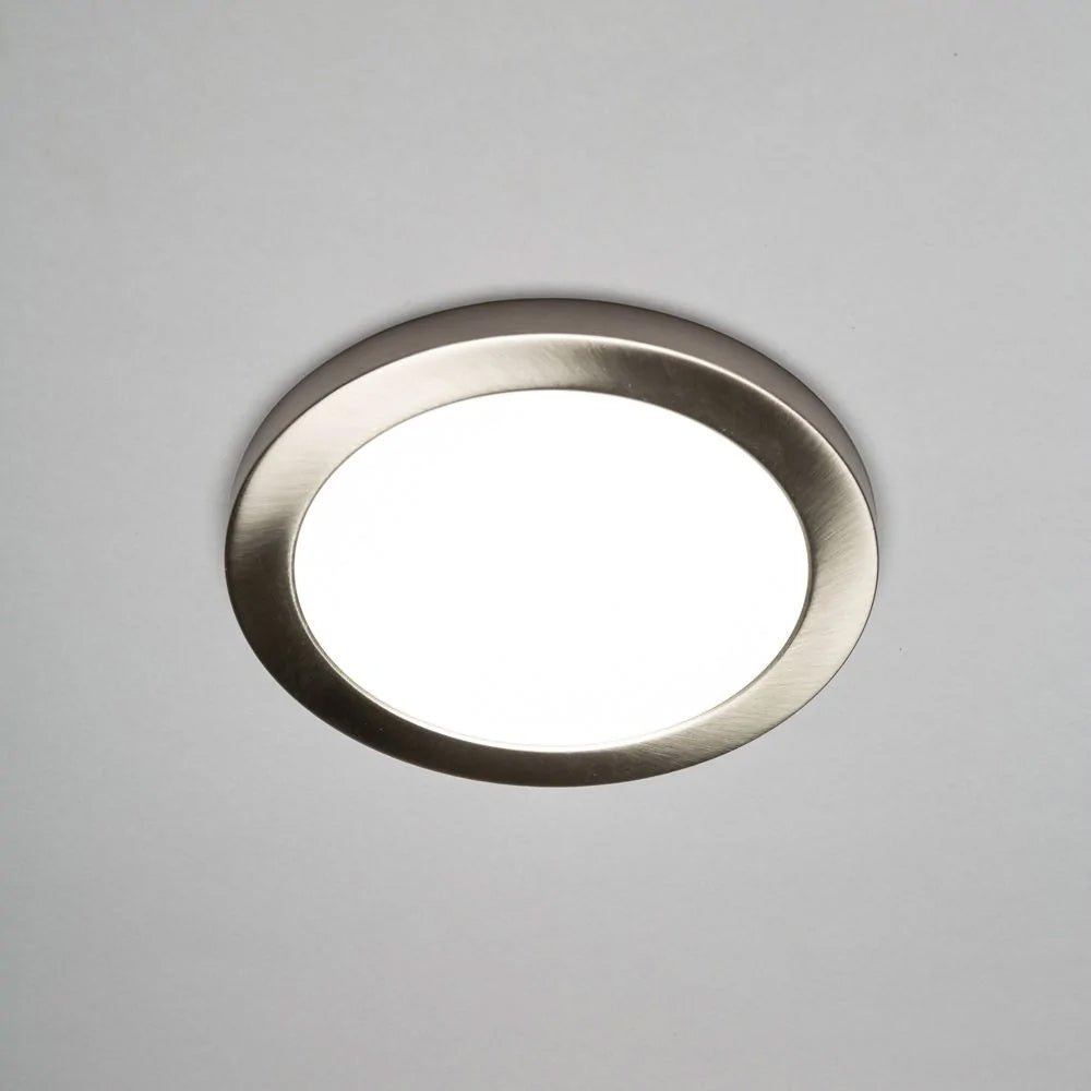 Adjustable Slim Flat Recessed / Surface Round Downlight Panel Light Fitting | LED 18W 1800lm | CCT Tri - Colour | IP44 | Satin Nickel - LightHub Direct
