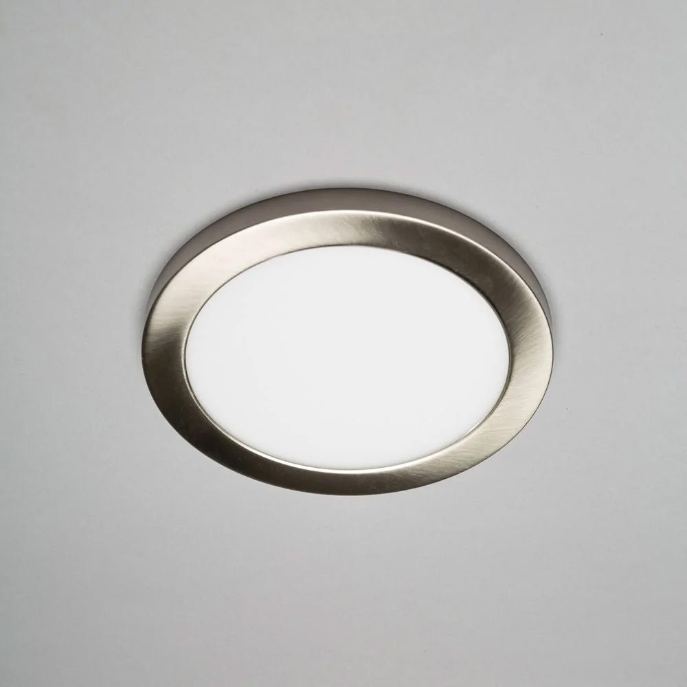 Adjustable Slim Flat Recessed / Surface Round Downlight Panel Light Fitting | LED 18W 1800lm | CCT Tri - Colour | IP44 | Satin Nickel - LightHub Direct