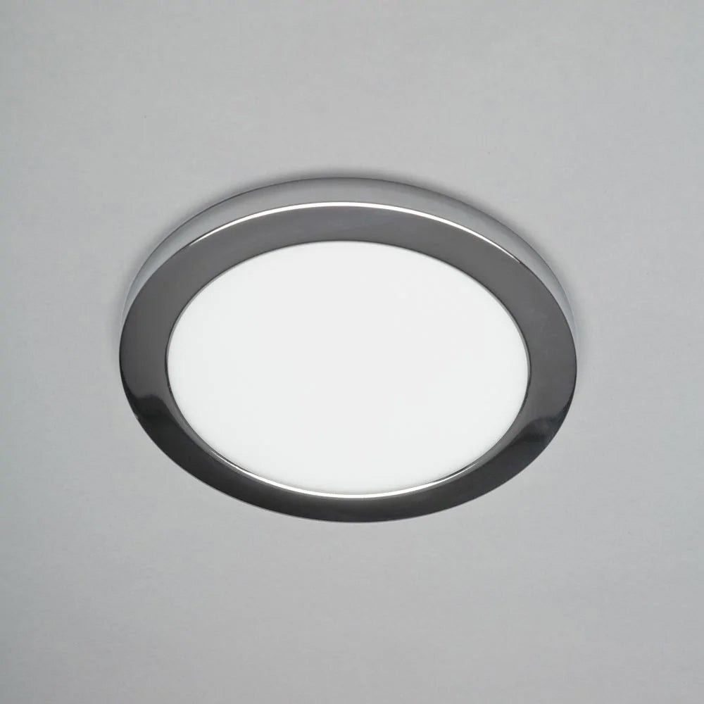 Adjustable Slim Flat Recessed / Surface Round Downlight Panel Light Fitting | LED 18W 1800lm | CCT Tri - Colour | IP44 | Chrome - LightHub Direct