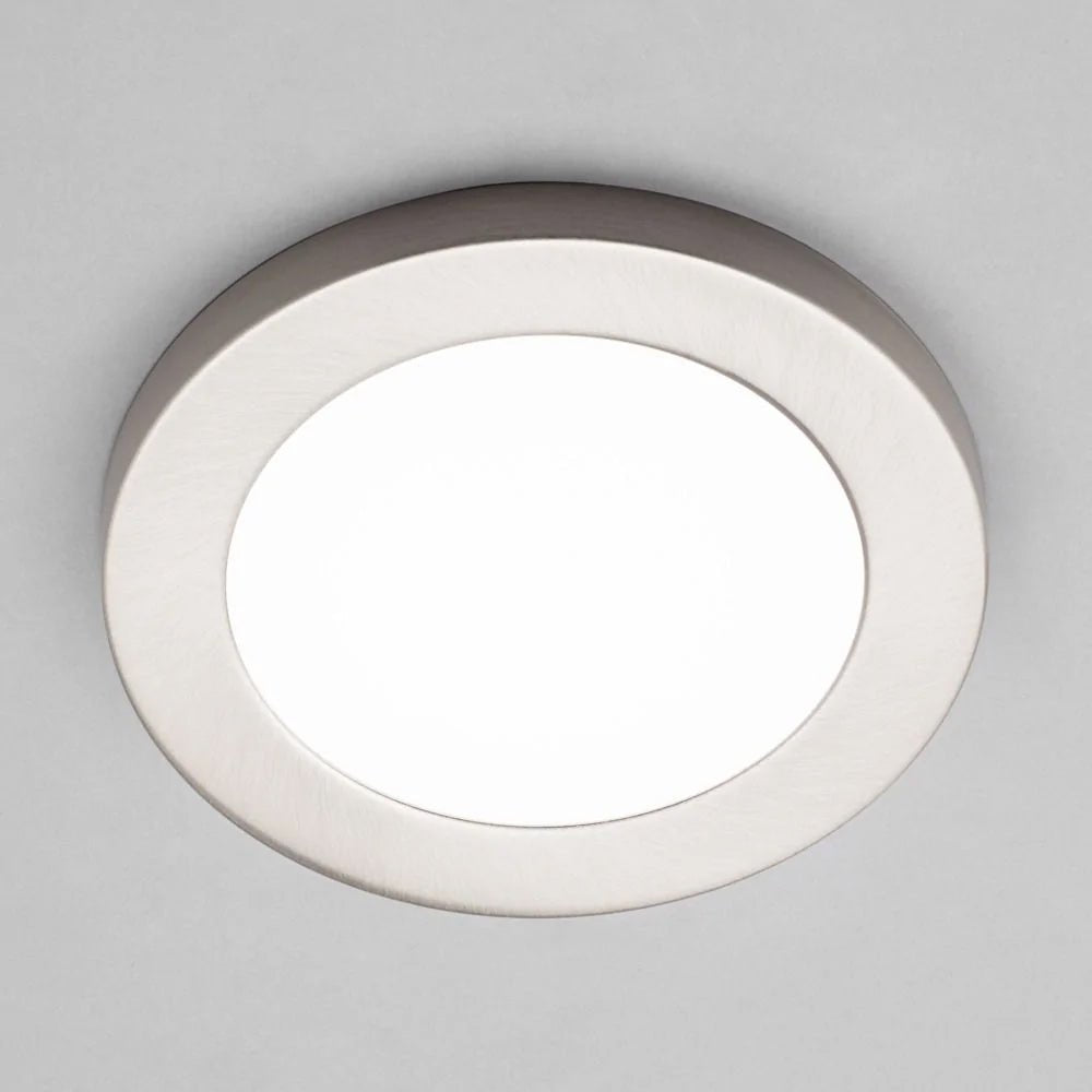 Adjustable Slim Flat Recessed / Surface Round Downlight Panel Light Fitting | LED 12W 1200lm | CCT Tri - Colour | IP44 | Satin Nickel - LightHub Direct