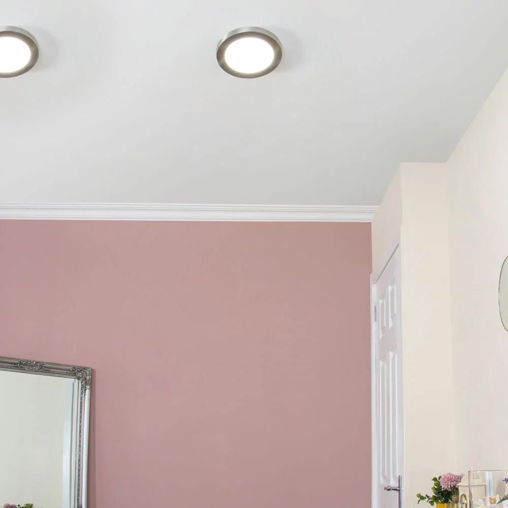 Adjustable Slim Flat Recessed / Surface Round Downlight Panel Light Fitting | LED 18W 1800lm | CCT Tri - Colour | IP44 | Satin Nickel - LightHub Direct