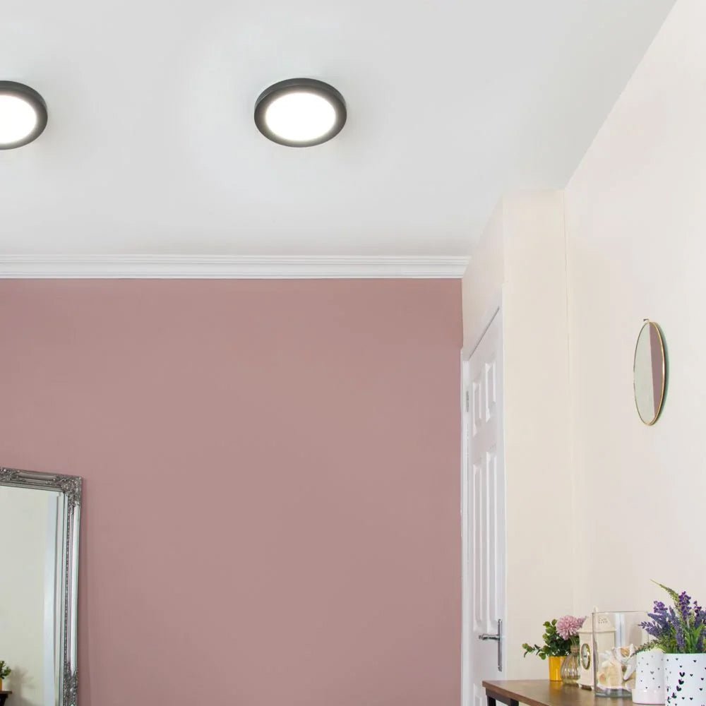 Adjustable Slim Flat Recessed / Surface Round Downlight Panel Light Fitting | LED 12W 1200lm | CCT Tri - Colour | IP44 | Black - LightHub Direct