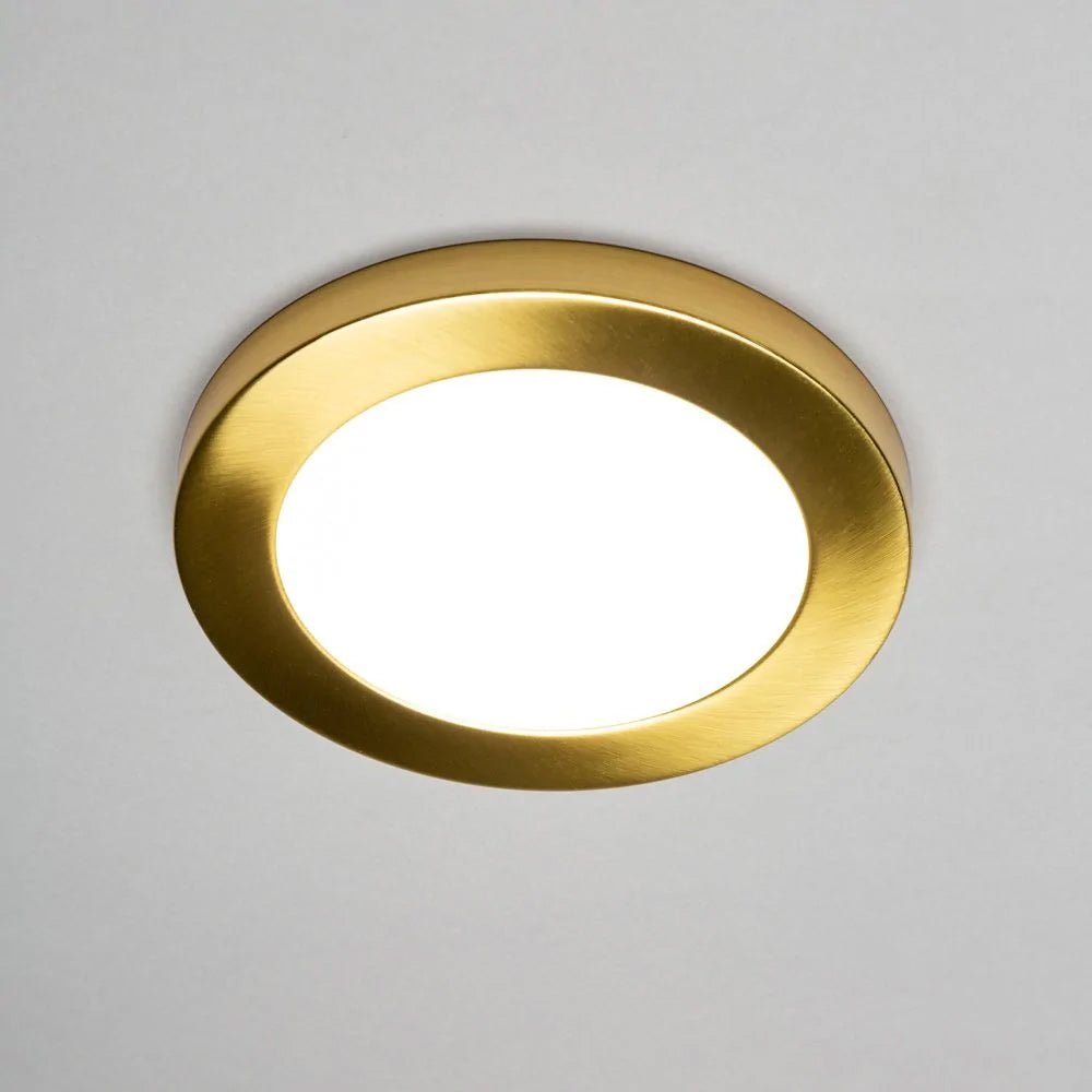 Adjustable Slim Flat Recessed / Surface Round Downlight Panel Light Fitting | LED 12W 1200lm | CCT Tri - Colour | IP44 | Satin Brass - LightHub Direct