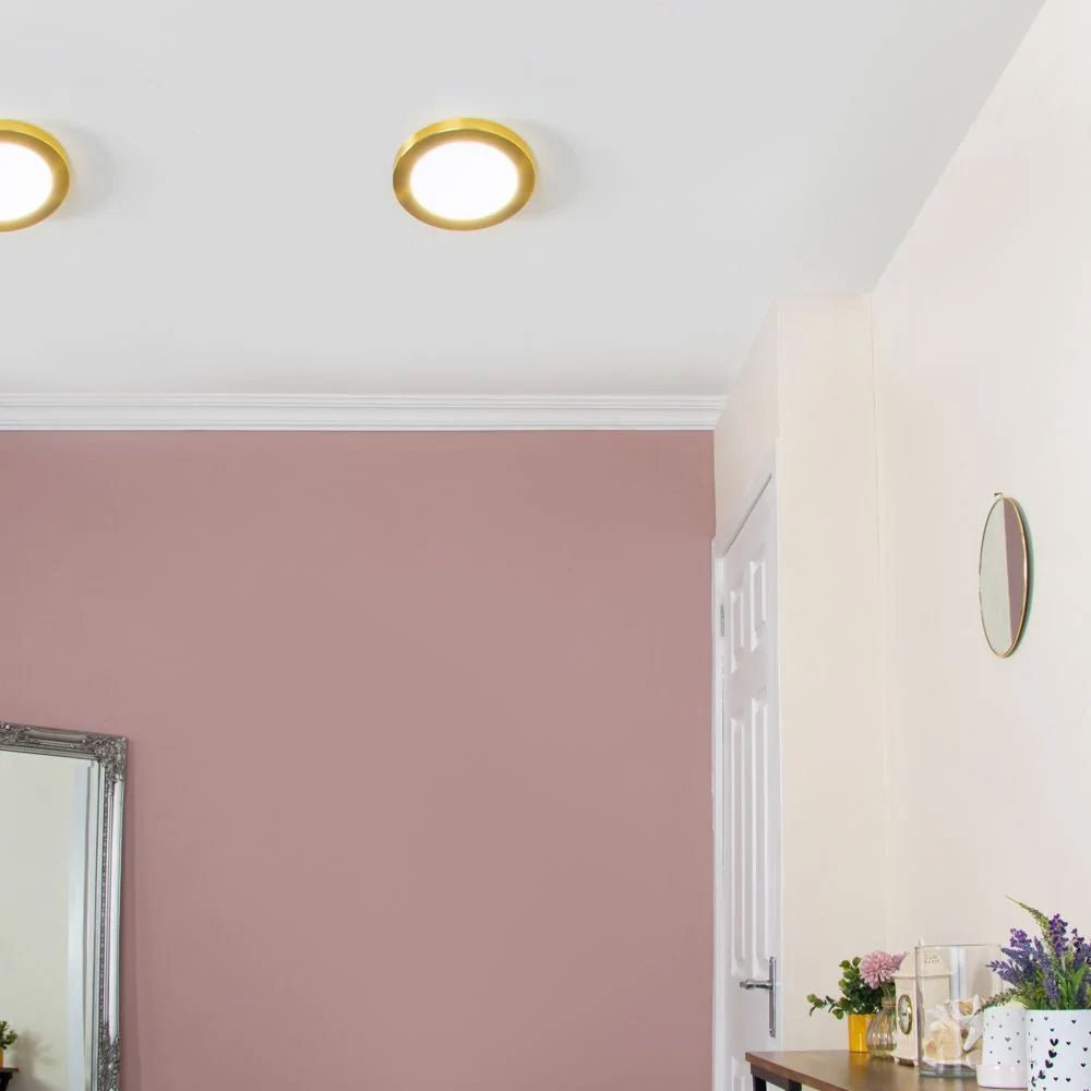 Adjustable Slim Flat Recessed / Surface Round Downlight Panel Light Fitting | LED 18W 1800lm | CCT Tri - Colour | IP44 | Satin Brass - LightHub Direct