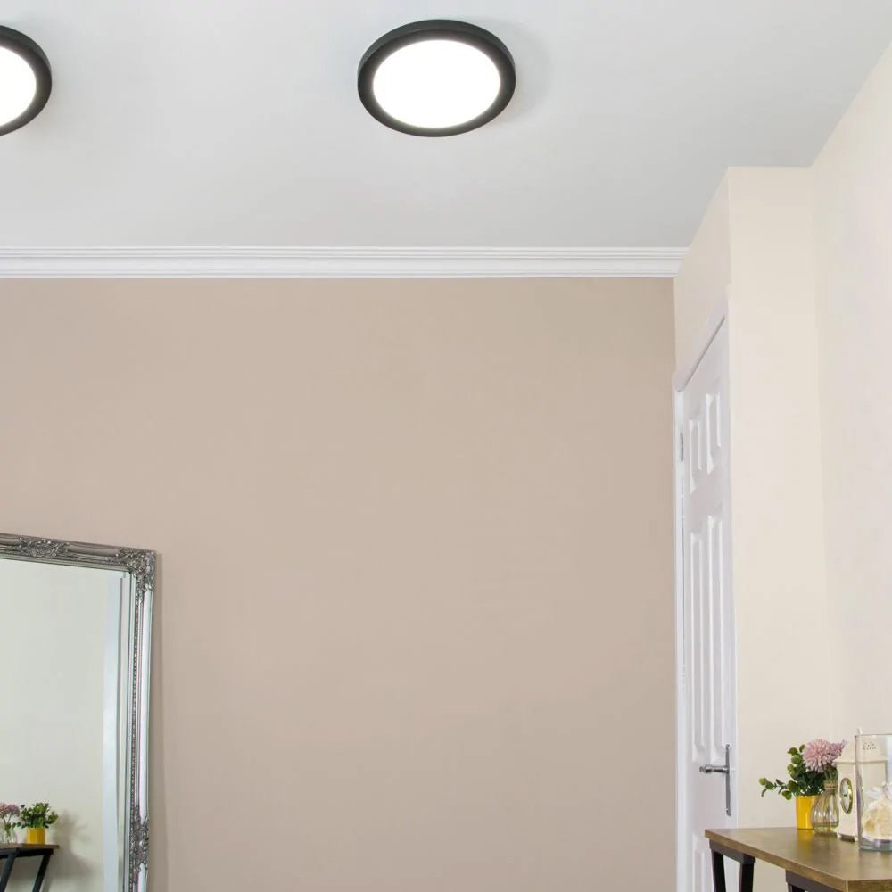 Adjustable Slim Flat Recessed / Surface Round Downlight Panel Light Fitting | LED 18W 1800lm | CCT Tri - Colour | IP44 | Black - LightHub Direct
