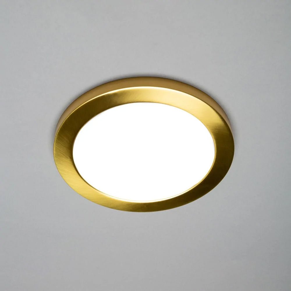Adjustable Slim Flat Recessed / Surface Round Downlight Panel Light Fitting | LED 18W 1800lm | CCT Tri - Colour | IP44 | Satin Brass - LightHub Direct