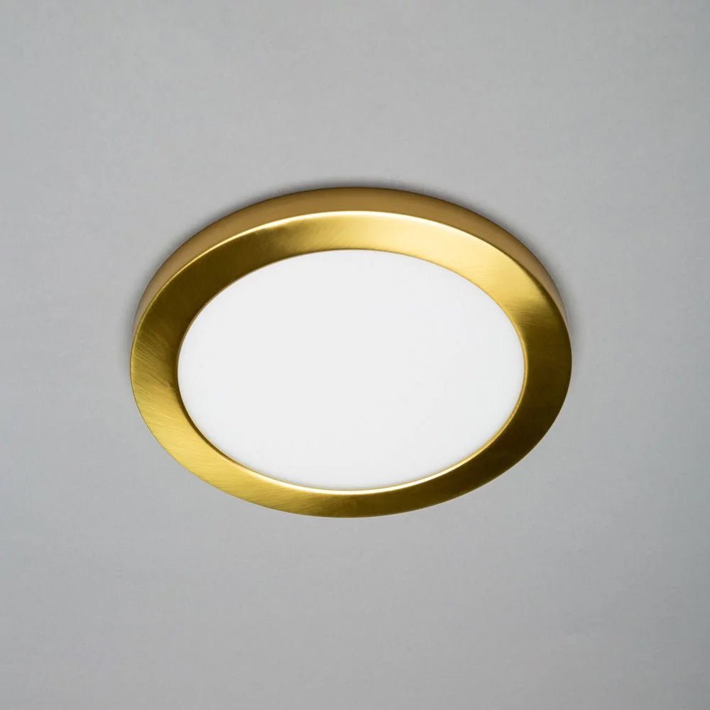 Adjustable Slim Flat Recessed / Surface Round Downlight Panel Light Fitting | LED 18W 1800lm | CCT Tri - Colour | IP44 | Satin Brass - LightHub Direct