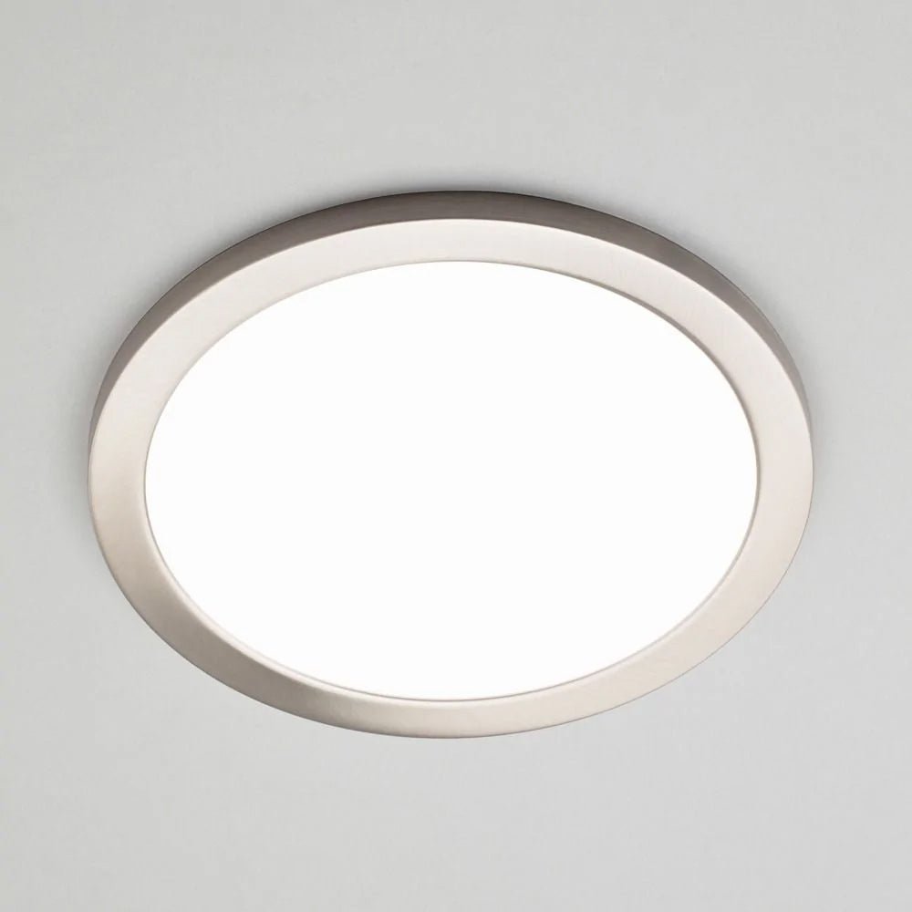 Adjustable Slim Flat Recessed / Surface Round Downlight Panel Light Fitting | LED 24W 2400lm | CCT Tri - Colour | IP44 | Satin Nickel - LightHub Direct