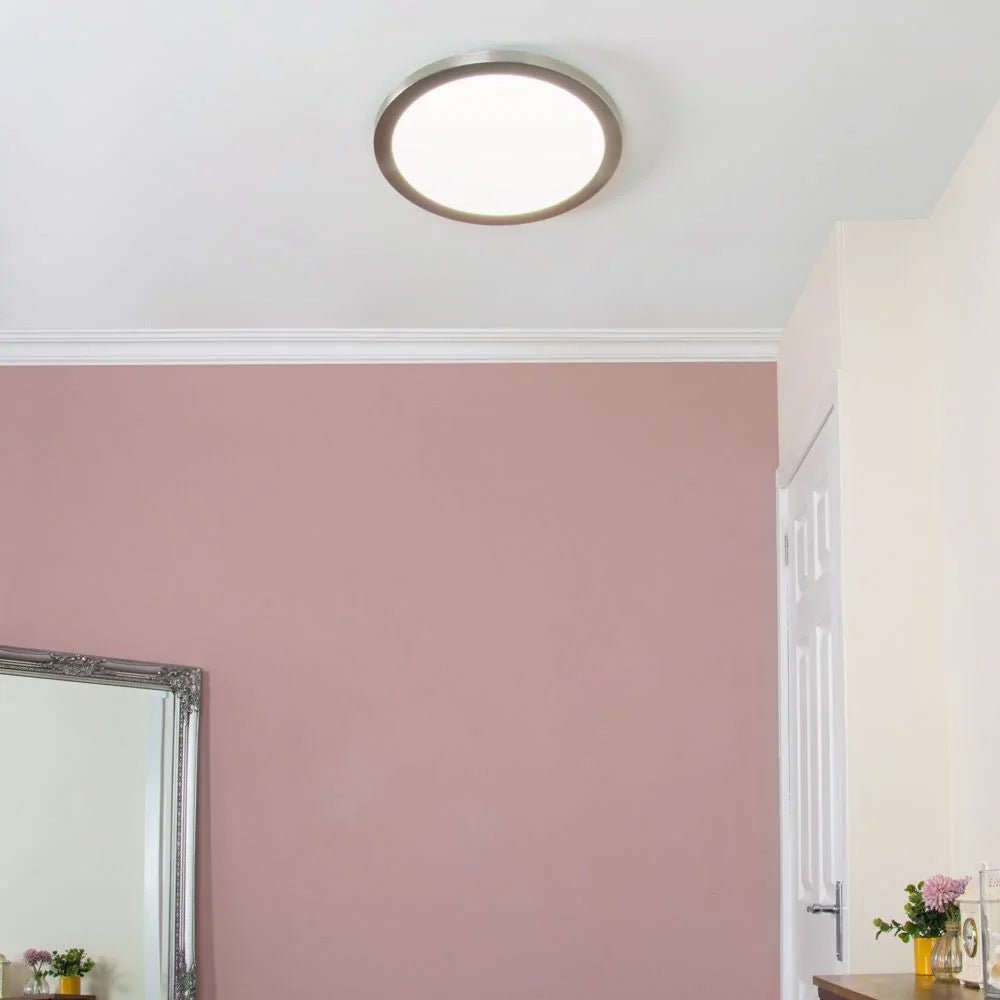 Adjustable Slim Flat Recessed / Surface Round Downlight Panel Light Fitting | LED 24W 2400lm | CCT Tri - Colour | IP44 | Satin Nickel - LightHub Direct