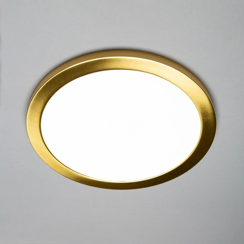 Adjustable Slim Flat Recessed / Surface Round Downlight Panel Light Fitting | LED 24W 2400lm | CCT Tri - Colour | IP44 | Satin Brass - LightHub Direct
