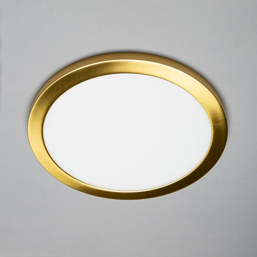 Adjustable Slim Flat Recessed / Surface Round Downlight Panel Light Fitting | LED 24W 2400lm | CCT Tri - Colour | IP44 | Satin Brass - LightHub Direct