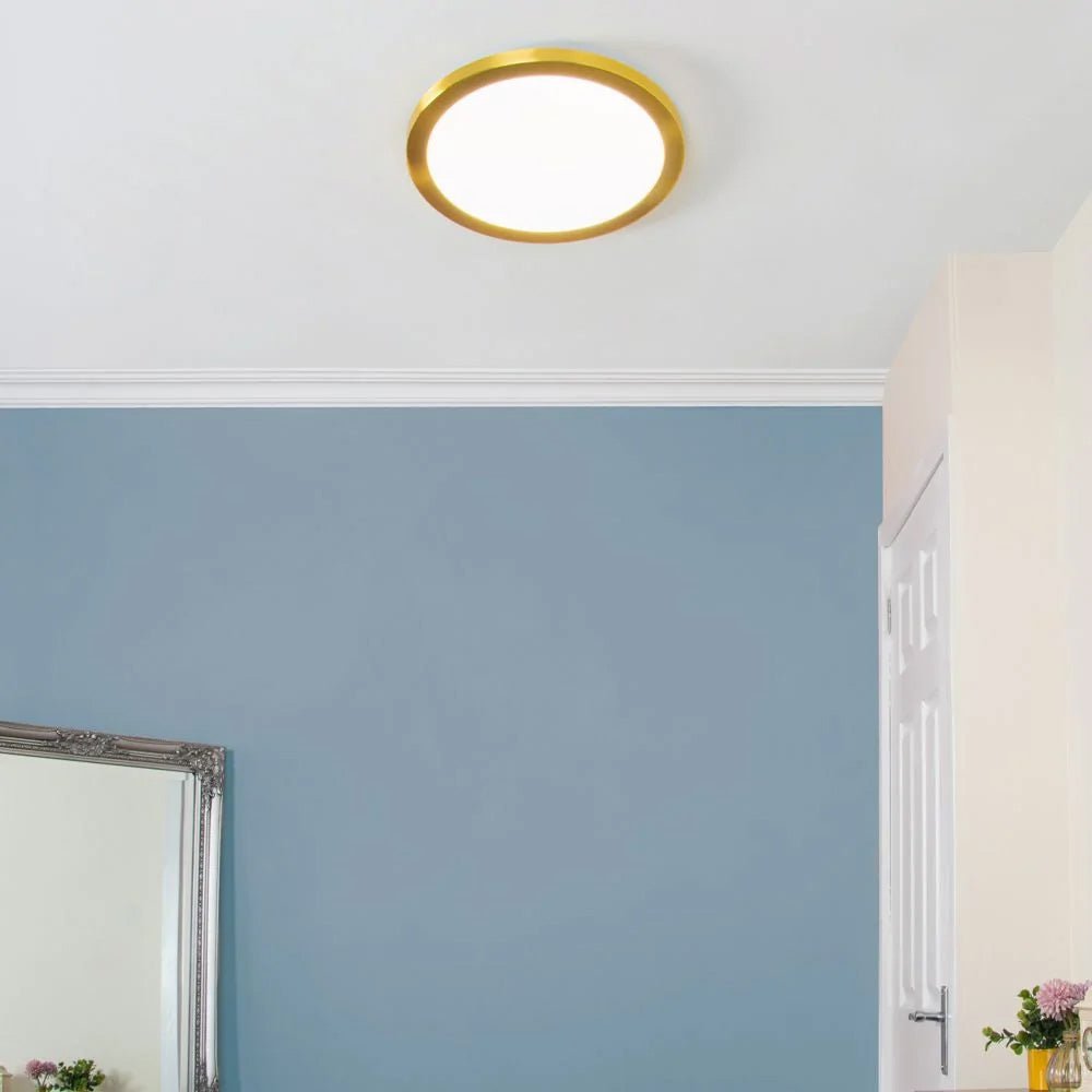 Adjustable Slim Flat Recessed / Surface Round Downlight Panel Light Fitting | LED 24W 2400lm | CCT Tri - Colour | IP44 | Satin Brass - LightHub Direct