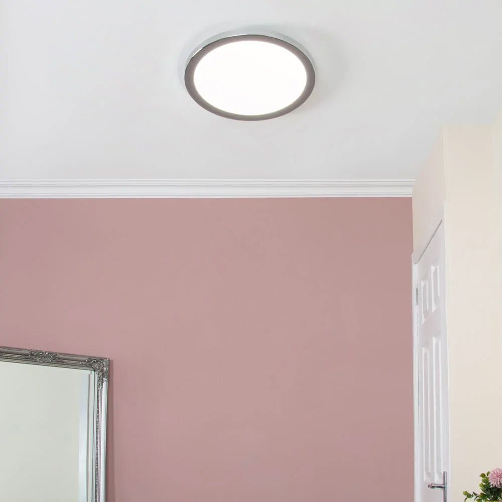 Adjustable Slim Flat Recessed / Surface Round Downlight Panel Light Fitting | LED 24W 2400lm | CCT Tri - Colour | IP44 | Chrome - LightHub Direct