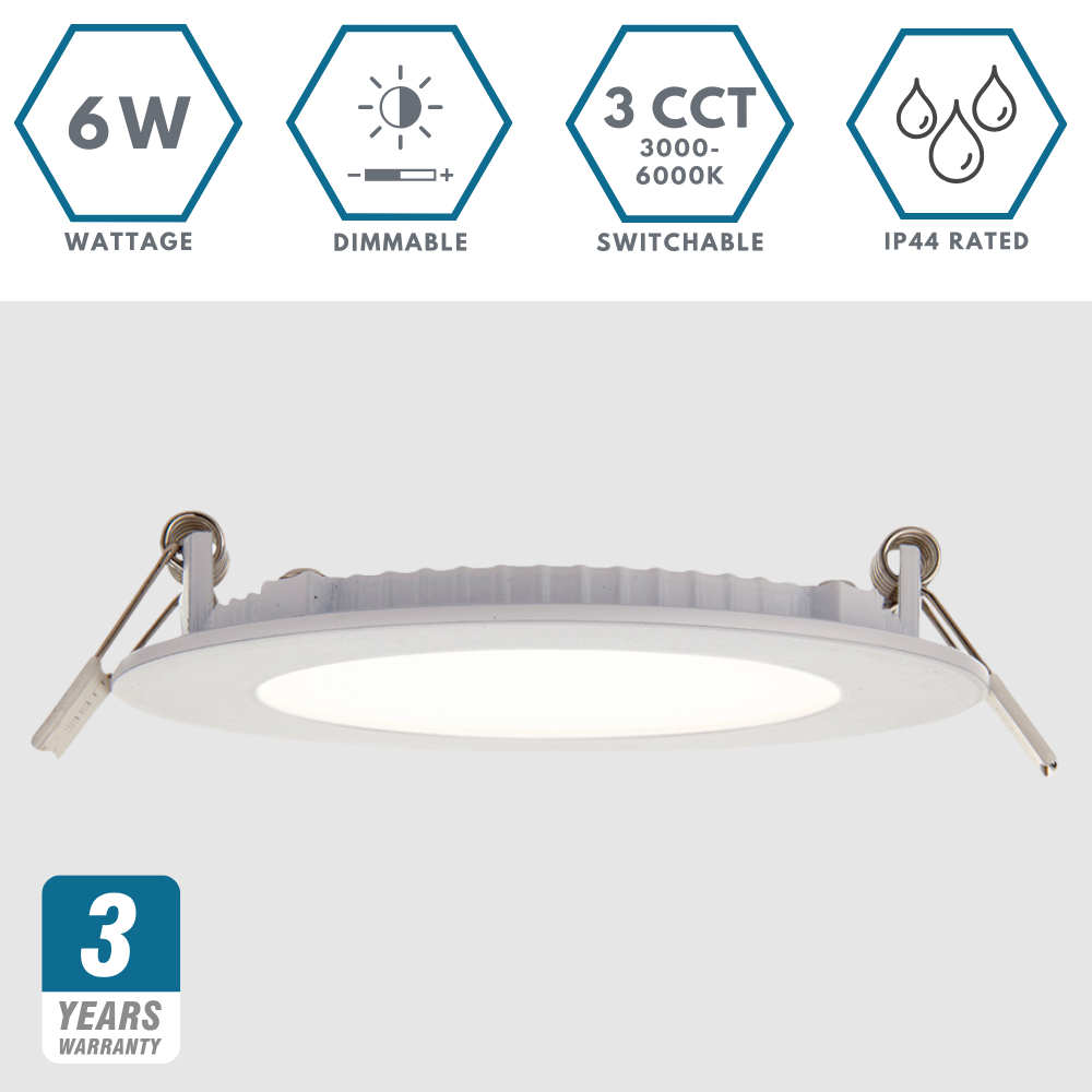 Dimmable Slim Flat Recessed Round Downlight Panel Light Fitting | LED 6W 450lm | CCT Tri-Colour | IP44 | White