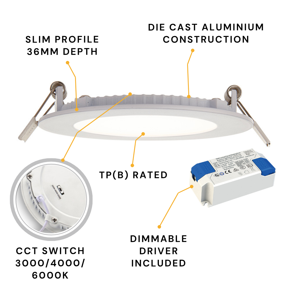 Dimmable Slim Flat Recessed Round Downlight Panel Light Fitting | LED 12W 1000lm | CCT Tri-Colour | IP44 | White