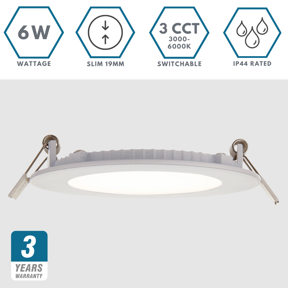 Slim Flat Recessed Round Downlight Panel Light Fitting | LED 6W 450lm | CCT Tri-Colour | IP44 | White