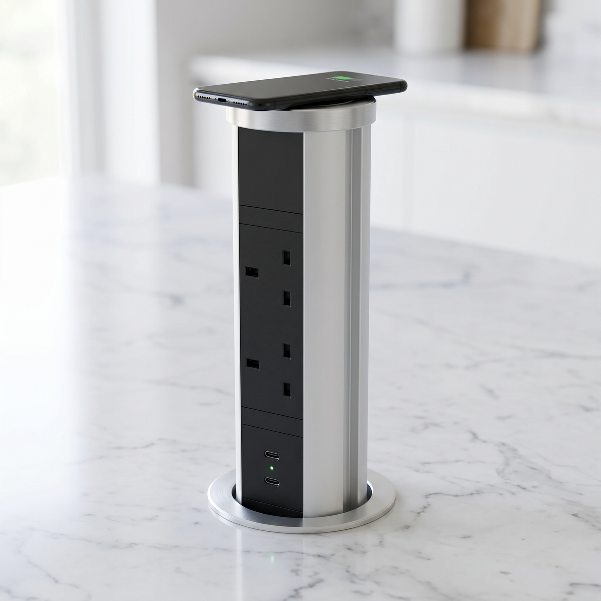 KENSAL | Pop-Up Worktop Socket | 2 x UK Sockets + 2 x USB-C PD 20W | Wireless Charging | Silver