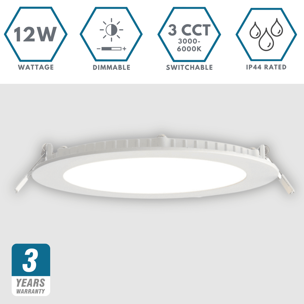 Dimmable Slim Flat Recessed Round Downlight Panel Light Fitting | LED 12W 1000lm | CCT Tri - Colour | IP44 | White - LightHub Direct