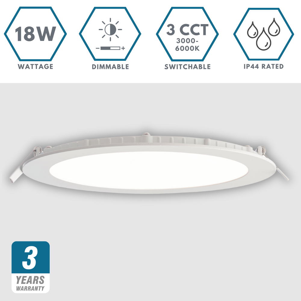 Dimmable Slim Flat Recessed Round Downlight Panel Light Fitting | LED 18W 1600lm | CCT Tri-Colour | IP44 | White