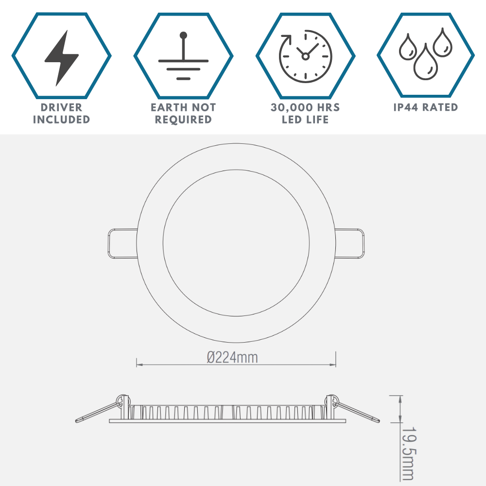 Slim Flat Recessed Round Downlight Panel Light Fitting | LED 18W 1600lm | CCT Tri-Colour | IP44 | White