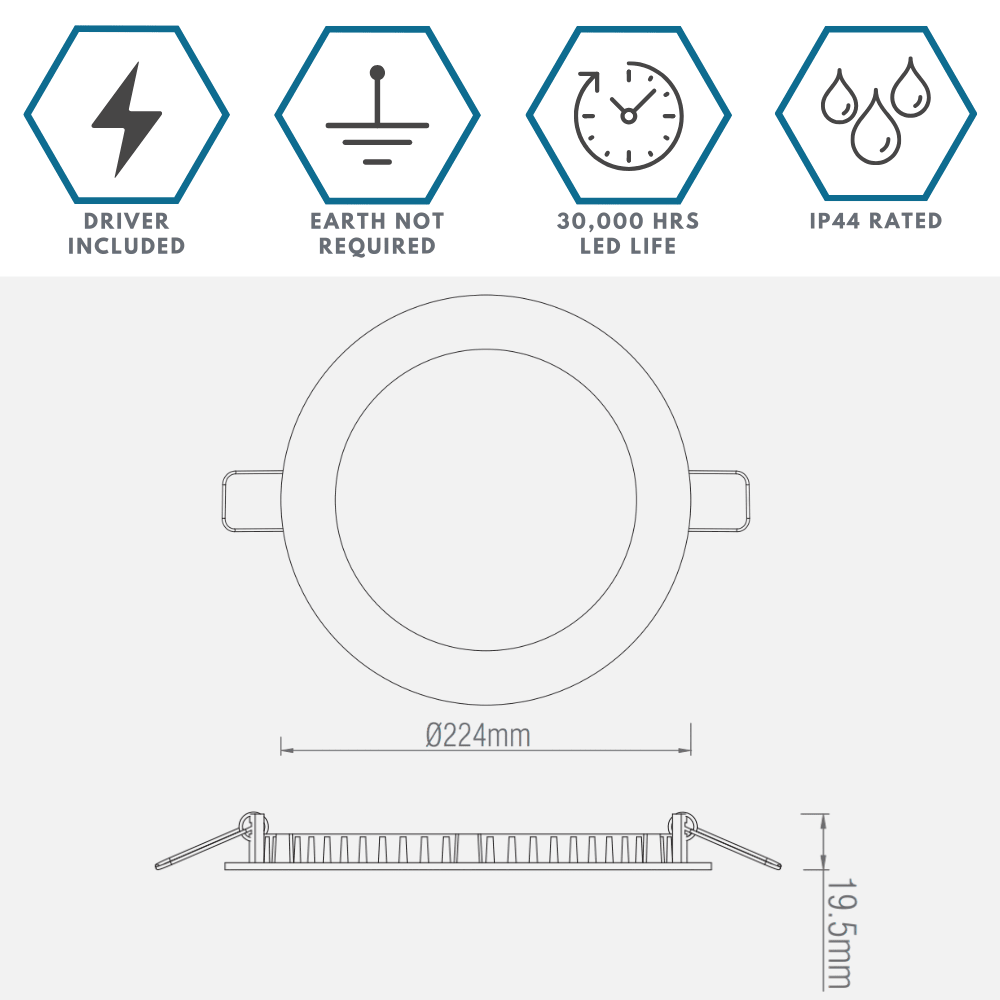 Slim Flat Recessed Round Downlight Panel Light Fitting | LED 18W 1600lm | CCT Tri - Colour | IP44 | White - LightHub Direct