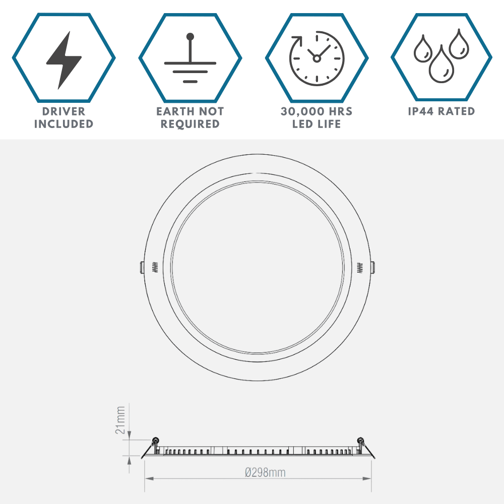 Slim Flat Recessed Round Downlight Panel Light Fitting | LED 24W 2200lm | CCT Tri - Colour | IP44 | White - LightHub Direct