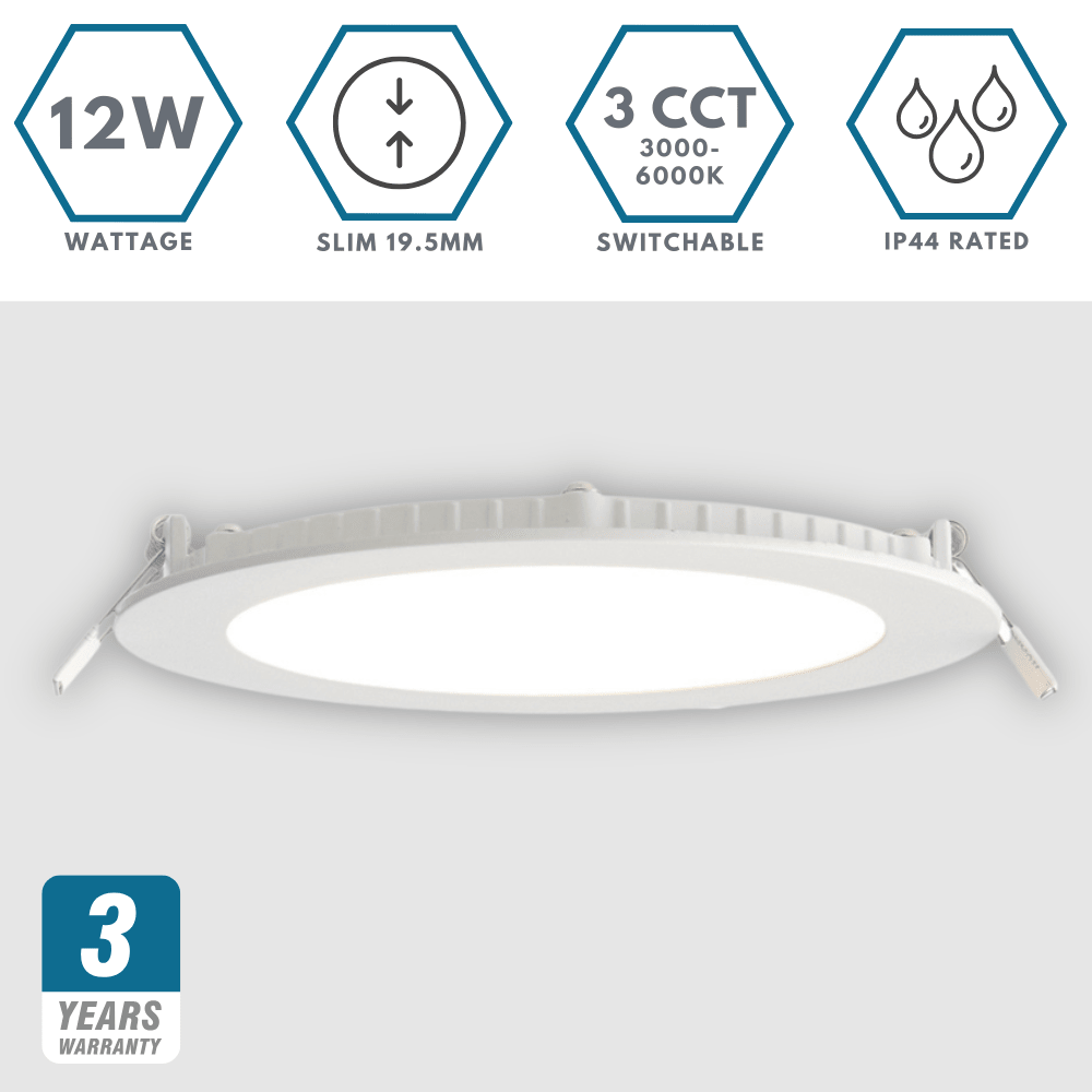 Slim Flat Recessed Round Downlight Panel Light Fitting | LED 12W 1000lm | CCT Tri - Colour | IP44 | White - LightHub Direct