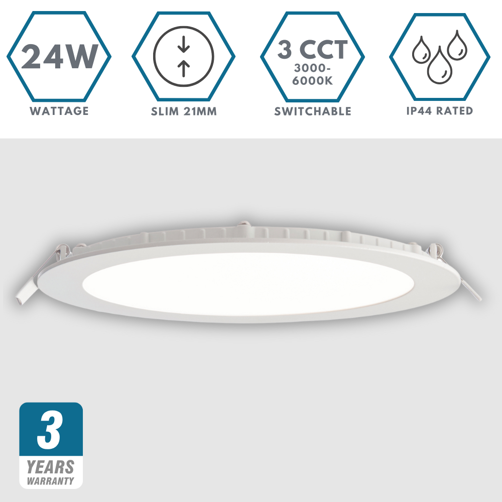 Slim Flat Recessed Round Downlight Panel Light Fitting | LED 24W 2200lm | CCT Tri-Colour | IP44 | White