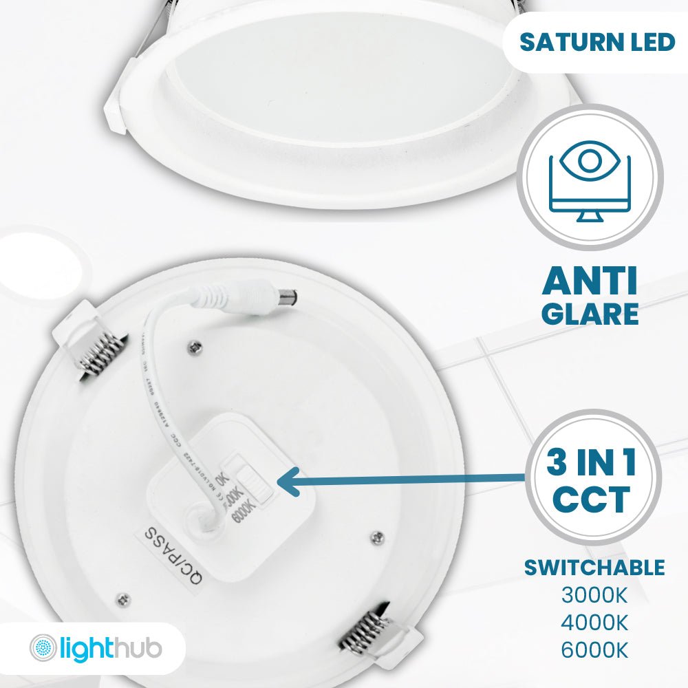 SATURN LED Recessed Round Dimmable Commercial Downlight Fitting | 20W 2130lm | CCT Tri - Colour | IP44 | Standard - LightHub Direct