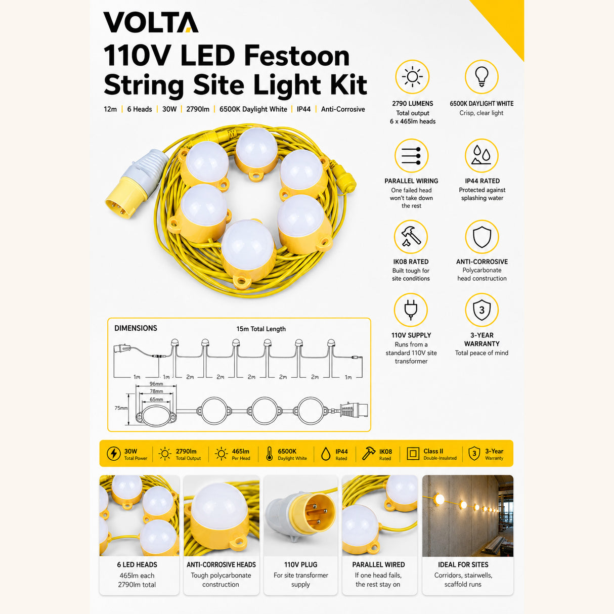 VOLTA 110V LED Festoon String Site Light Kit | IP44 | 30W 2790lm | 6500K Daylight White | 12m 6 Heads