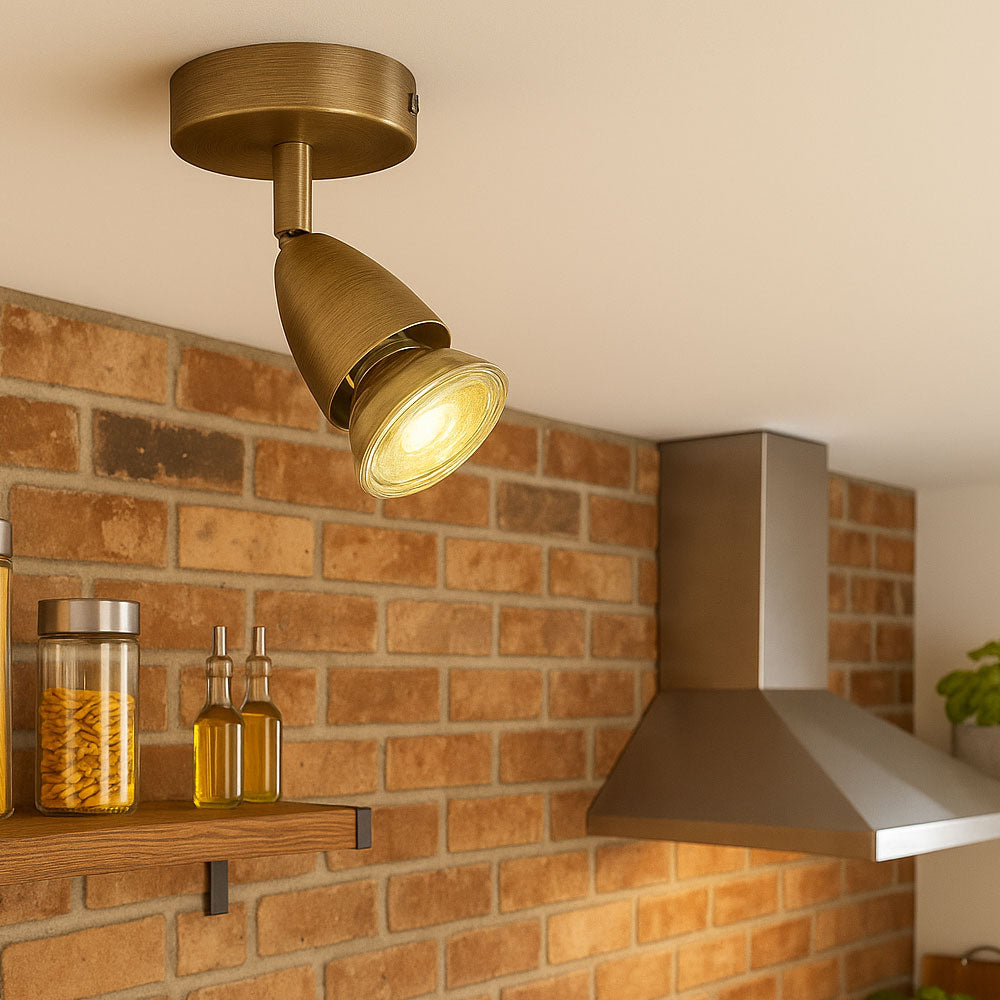 AMALFI | Single Semi Flush Ceiling / Wall Spotlight Fitting | GU10 | IP20 | Antique Brass