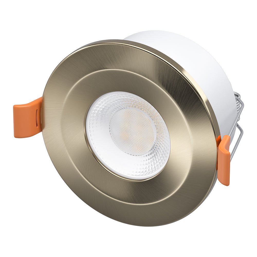 STRATA 5 | Tri - Colour CCT | LED Fire Rated Downlight | Dimmable 5W 600lm | IP65 | Antique Brass - LightHub Direct